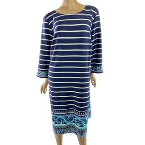 Madison Leigh Size 20W Shift Dress Blue & White Stripe 3/4 Sleeve Poly/Spandex